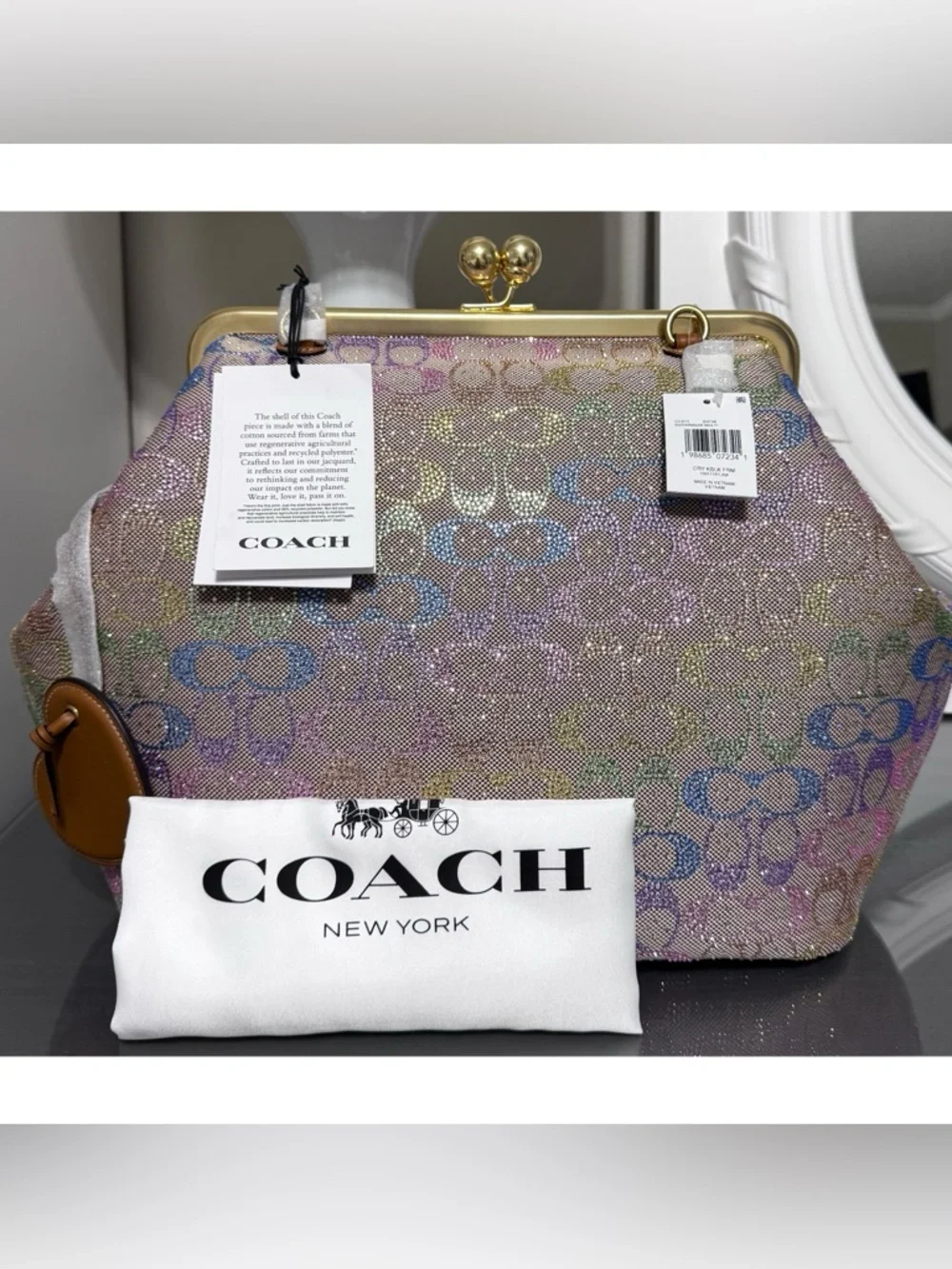 COACH Large Kisslock Frame Bag- RAINBOW Crystal Signature Jacquard